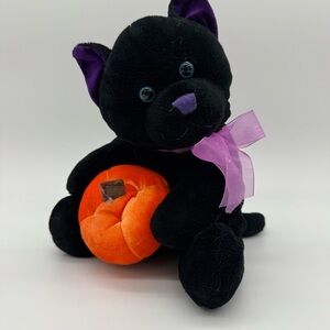 Plush Black Cat with Pumpkin and Purple Accents